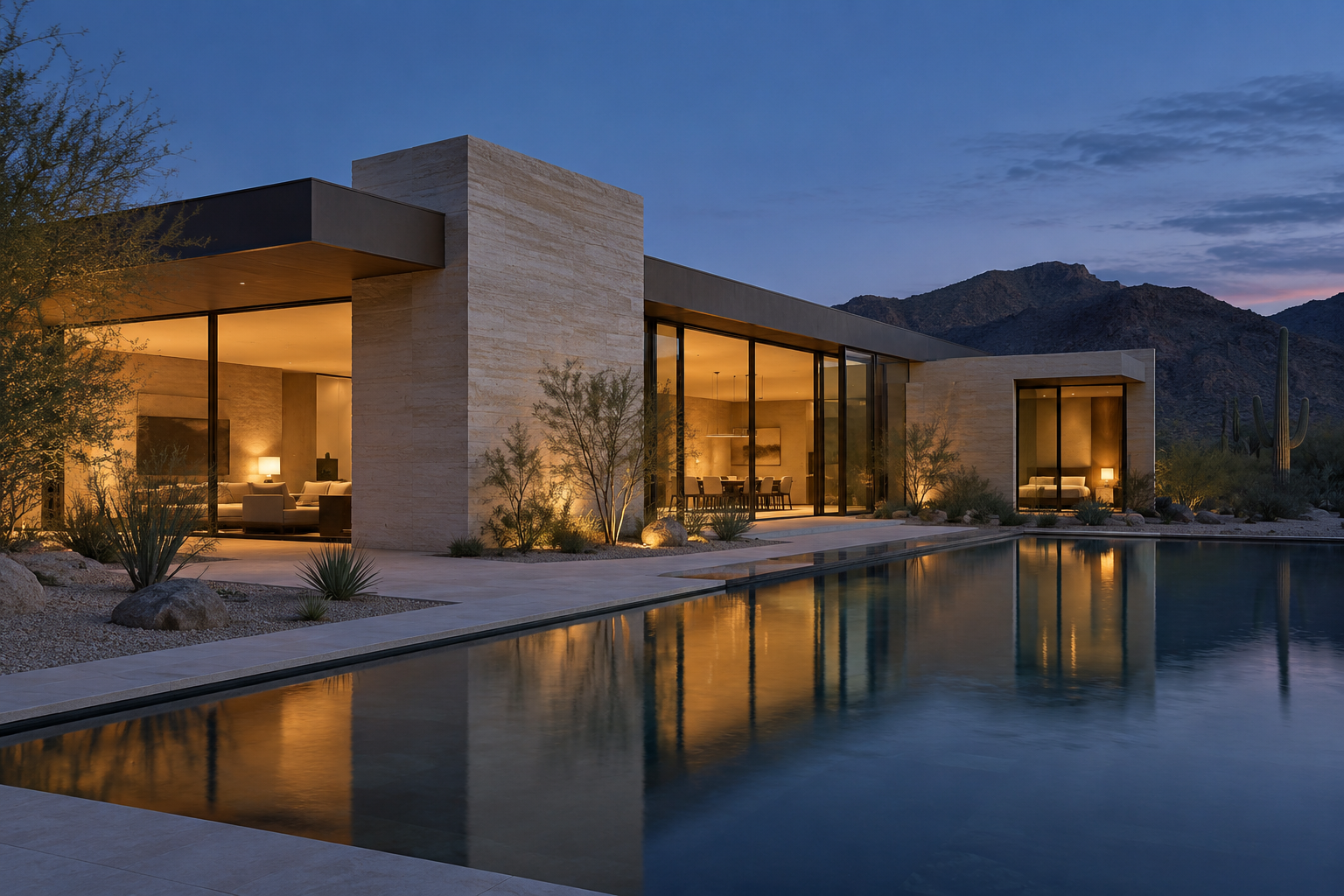 A warm limestone contemporary home at blue hour, with dark framed glass, desert planting and a reflecting pool.