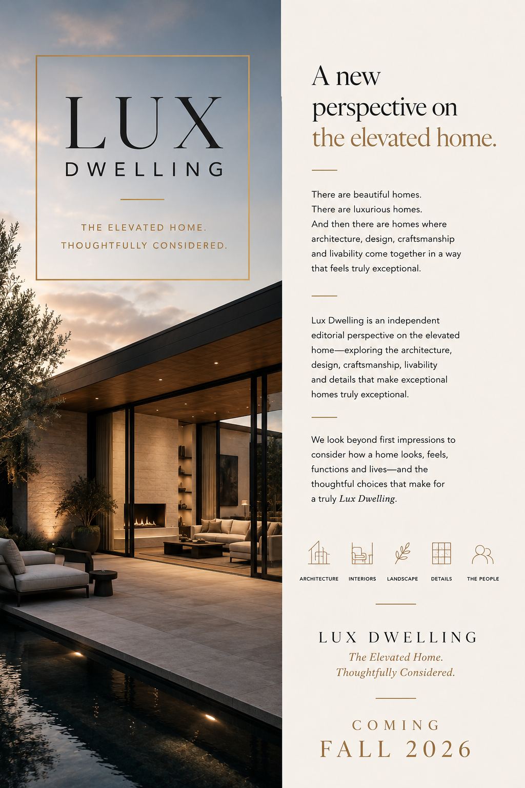 The Lux Dwelling teaser’s modern home at dusk, with warm stone, expansive glazing and a terrace beside the water.